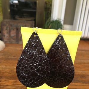 Gunmetal metallic leather teardrop earrings